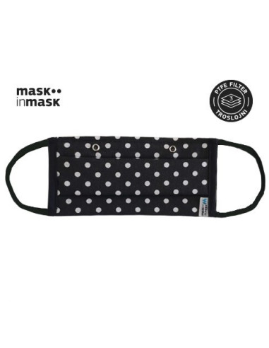 PTFE MASK in MASK, višekratna maska s troslojnim PTFE filterom, crna s bijelim točkicama