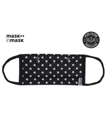 PTFE MASK in MASK, višekratna maska s troslojnim PTFE filterom, crna s bijelim točkicama